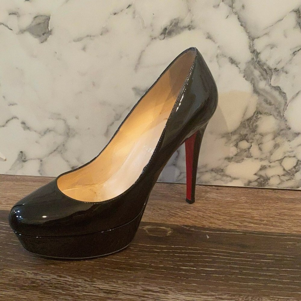 CHRISTIAN LOUBOUTIN Black Patent Leather Calf Bianca 120 Platform Pump US 8